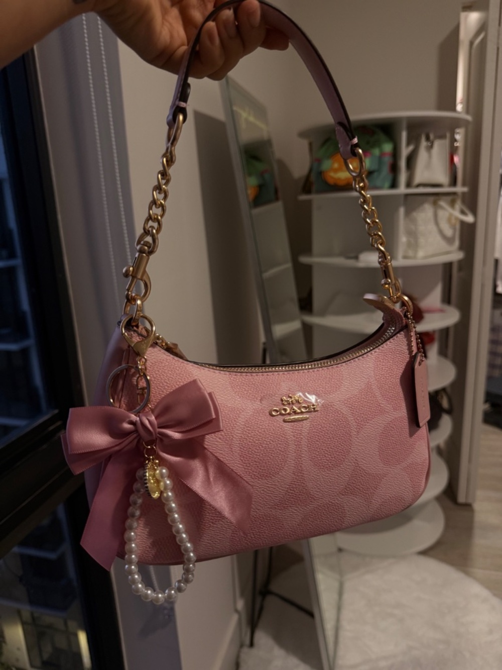 Coach Pink Signature Teri Bag Gold Chain Bow Pearl Charm - Picture 2 of 3